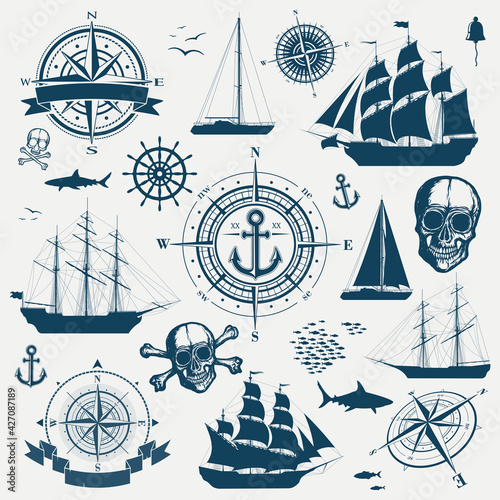 Slika na platnu Set of nautical design objects, sailing ships, yachts, compasses