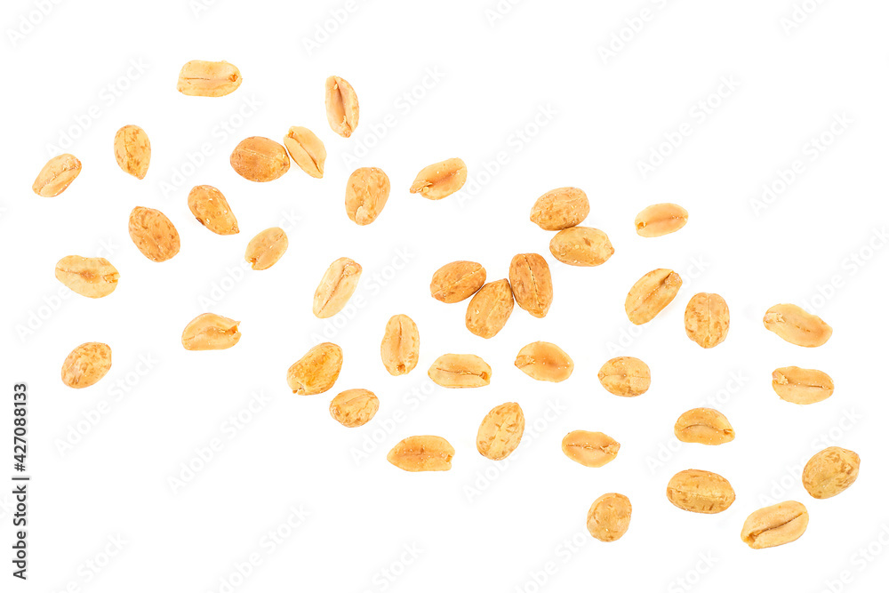 Roasted salted peanuts isolated on a white background, top view. Pile of fried peanuts. Roasted salted peanuts isolated on a white background, top view. Pile of fried peanuts.
