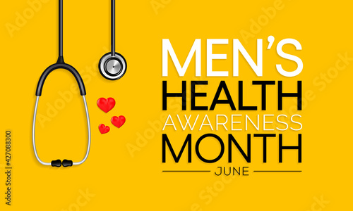 Men's health month is observed every year in June, it is used to raise awareness about health care for men and focus on encouraging boys to practice and implement healthy living decisions. Vector art.