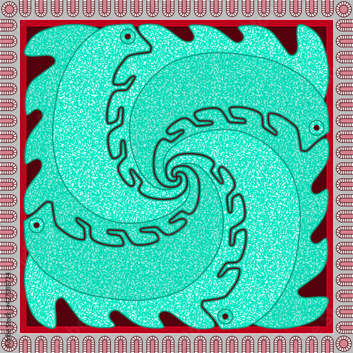Four turquoise iguanas walk along the sides of an ornamental square. Decorative composition.