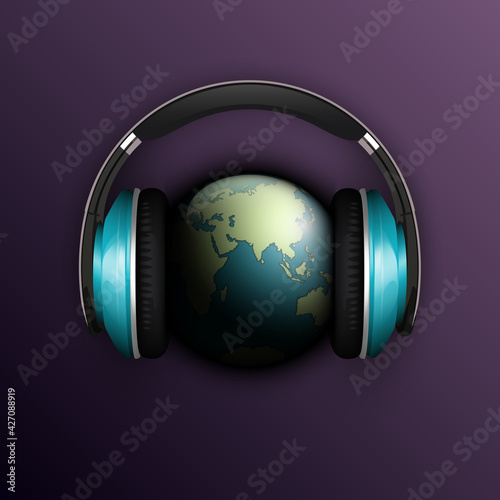 world map headphones. Globe headphone icon, space sunlight. Planet Earth sunny glow background earphones. Continents world Sunshine picture. Colorful solar eclipse earphones poster presentation