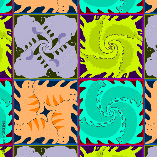 Seamless pattern with cats, dogs, elephants and iguanas in colorful squares.