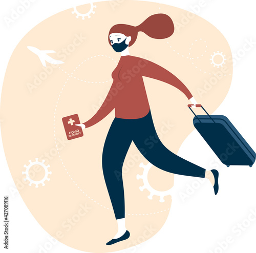 Happy woman traveller with immunity passport. Covid-19 prevention. Negative PCR test for coronavirus. Female tourist with luggage and passport. New normal for trips, communication.