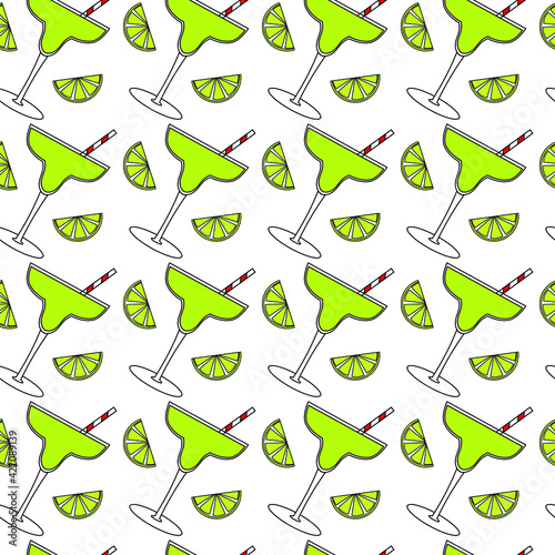 Vector seamless pattern of glasses with green cocktail margarita and lime wedges. Background elements can be used individually.