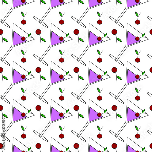 Vector seamless pattern of glasses with pink cocktail martini and cherries. Background elements can be used individually.