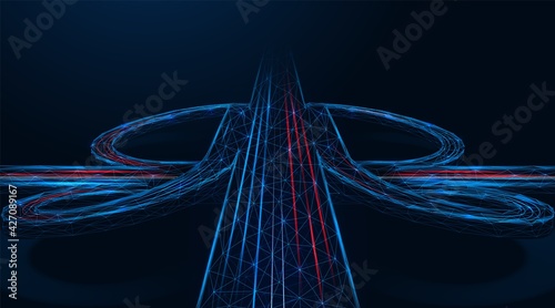 A road junction, an unobstructed intersection of two roads. Expressway, the effect of car headlights at night. Polygonal construction of lines and points. Blue background.
