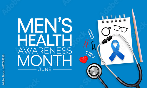Men's health month is observed every year in June, it is used to raise awareness about health care for men and focus on encouraging boys to practice and implement healthy living decisions. Vector art.