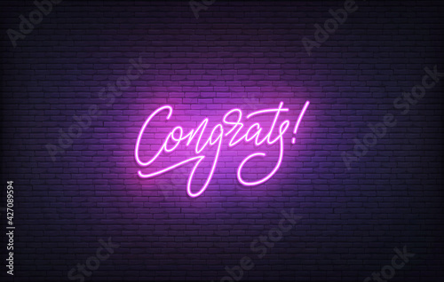 Congrats neon sign. Glowing neon lettering Congratulations template