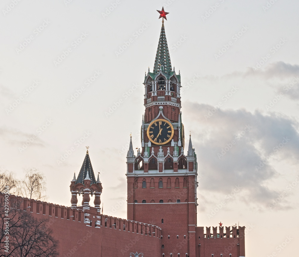 Moscow,Russia. HDR view ot the Moscow Kremlin wall and Spasskaya tower. Sunset with clouds Moscow,Russia. HDR view ot the Moscow Kremlin wall and Spasskaya tower. Sunset with clouds