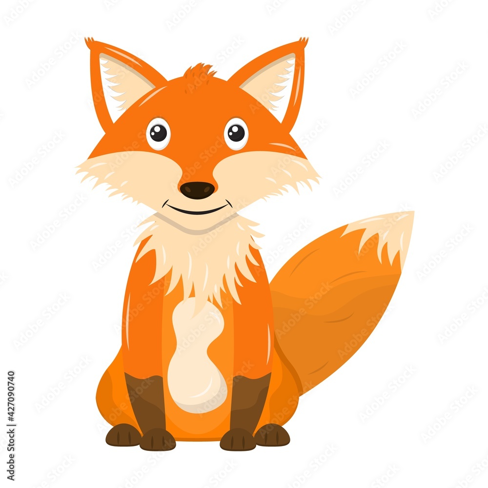 Cute cartoon fox in orange color. Element for design. Vector illustration isolated on white background.