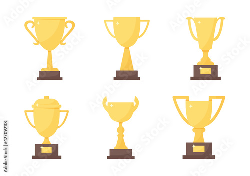 Golden trophy cup set, vector sport award, champion icon isolated on white background. Winner illustration