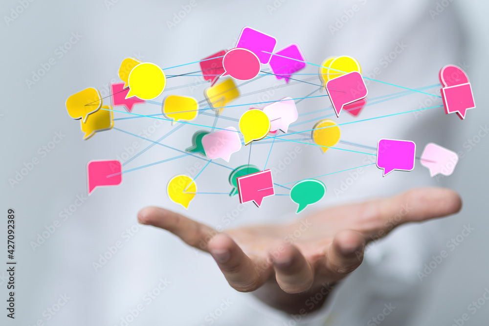 Talk bubble speech icon. Hand holding blank