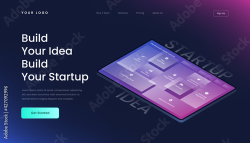 Build Your Idea Build Your Startup Landing Page with gradient background and 3d isometric vector business model canvas illustration glass effect