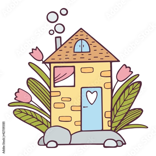 Cute house of love icon, hand drawn and outline style