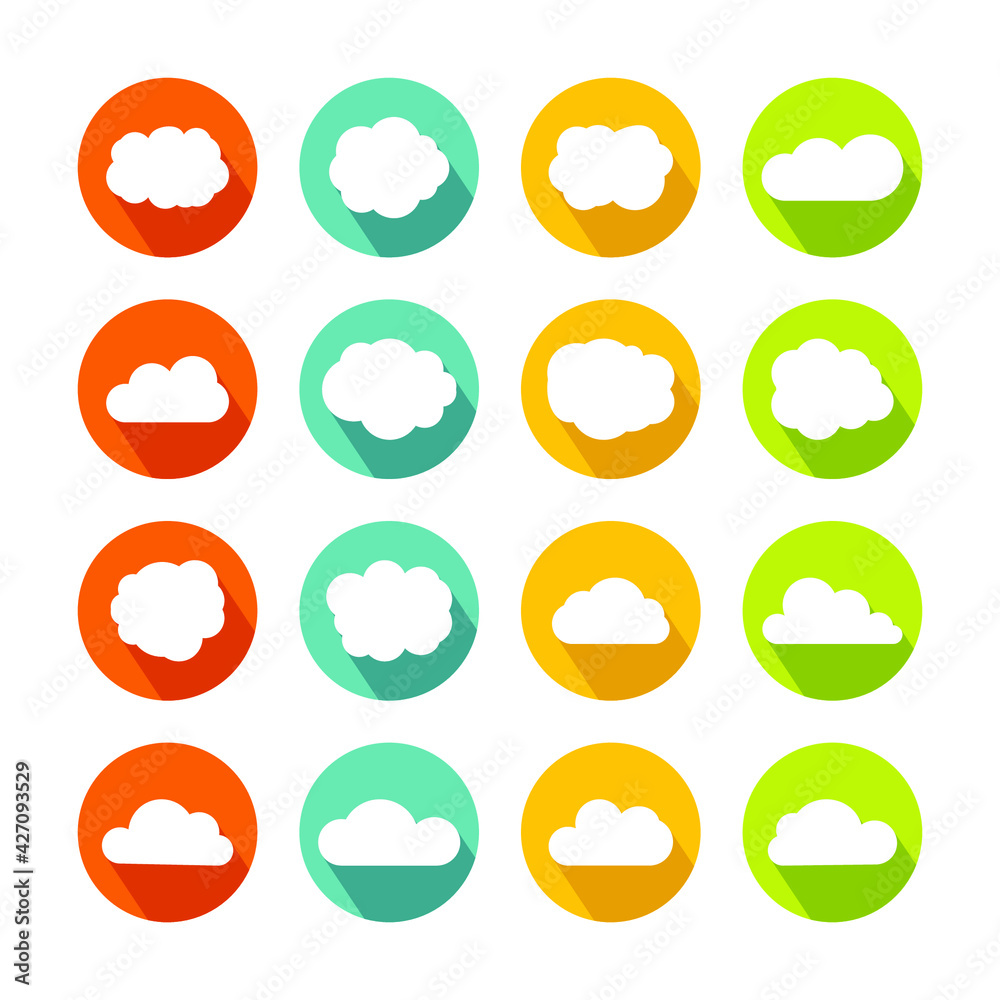 Cloud flat icons on color background with long shadow