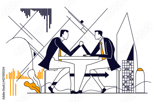 Businessman people fighting armwrestling. Set of Business concept illustrations.