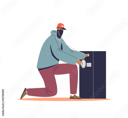 Cartoon robber in mask trying to open big safe. Robbery, burglary and theft concept