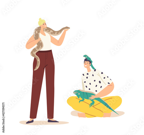 People Care of Tropical Animals Concept. Characters with Exotic Pets Lizard and Snake. Human and Wild Creatures