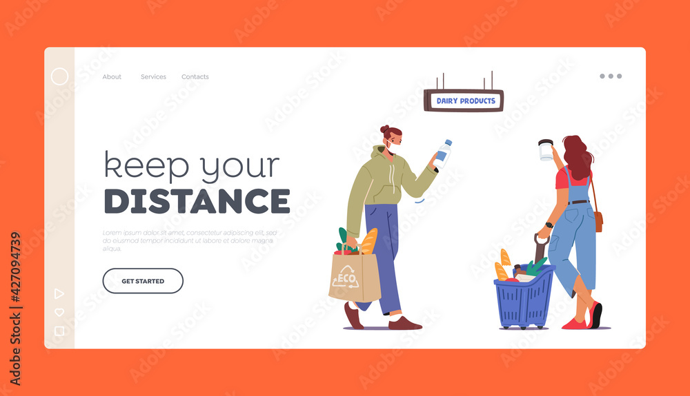 Keep Distance Landing Page Template. People Face Masks Purchase in Store Buy Products in Shop. Characters Buying Food Keep Distance Landing Page Template. People Face Masks Purchase in Store Buy Products in Shop. Characters Buying Food