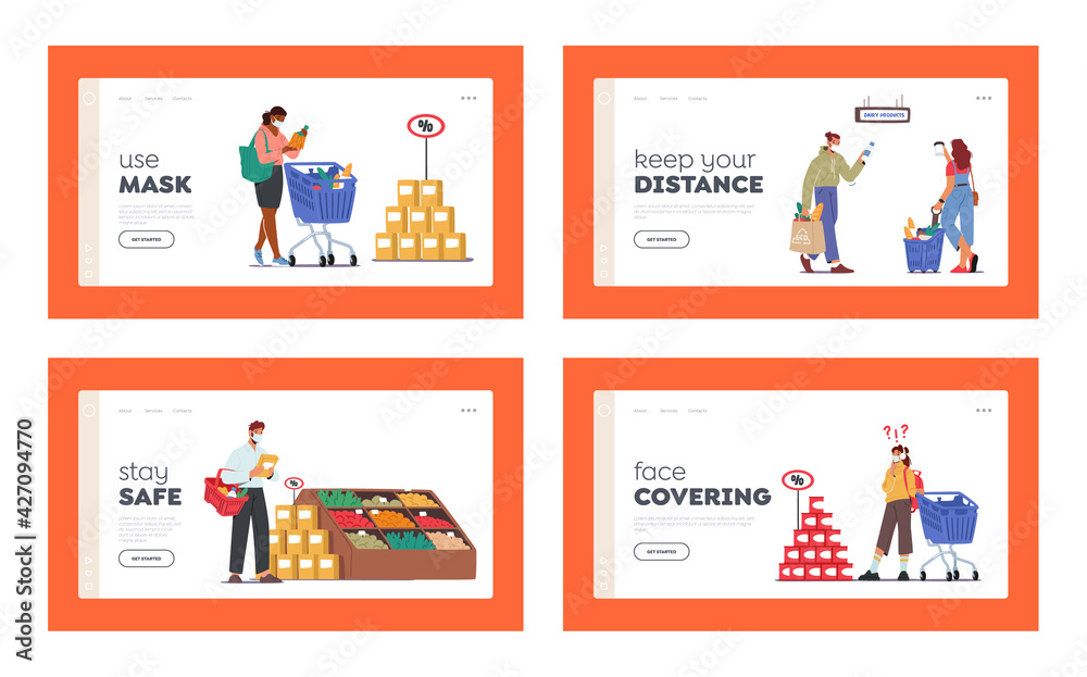 People Visiting Supermarket for Buy Grocery during Covid Pandemic Landing Page Template Set. Men or Women Wear Masks