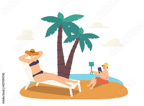 Female Character Lost Phone Concept. Relaxed Woman Tanning on Chaise Longue while her Little Child Play with Smartphone