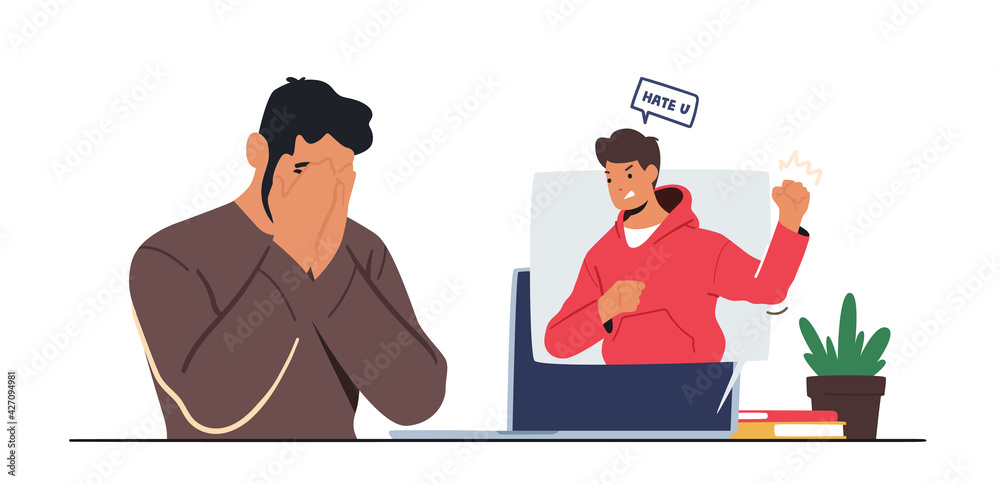 Cyberbullying Abuse, Cyber Bullying Harassment. Hater or Troll Male Character Laughing on Man in Internet Online Network Cyberbullying Abuse, Cyber Bullying Harassment. Hater or Troll Male Character Laughing on Man in Internet Online Network