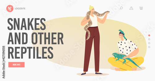 People Care of Tropical Animals Concept.Landing Page Template. Male Female Characters with Exotic Pets Lizard and Snake