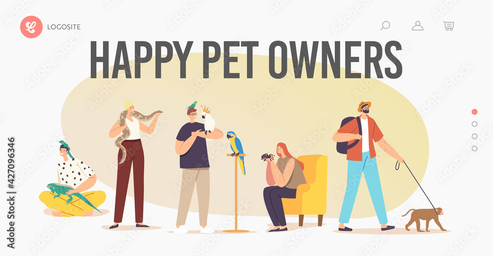 Happy Pet Owners Landing Page Template. Characters with Exotic Pets Lizard, Snake, Monkey and Spider with Parrot Happy Pet Owners Landing Page Template. Characters with Exotic Pets Lizard, Snake, Monkey and Spider with Parrot
