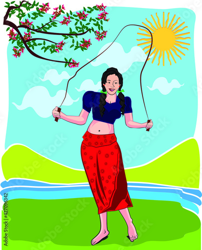 Sri Lanka Traditional Sinhala and Tamil New Year Celebrations - Girl skipping rope