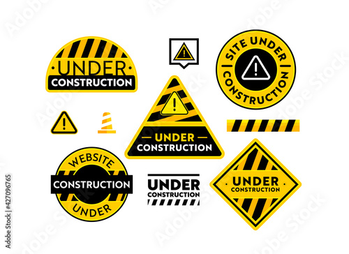 Site Under Construction Banners Set. Website Maintenance Warning Signs with Black and Yellow Stripes, and Tape or Cone