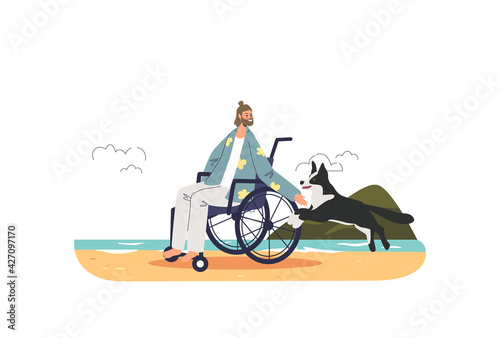 Disabled man on wheelchair on sea coast travel for summer vacation. Tourist guy on wheel chair