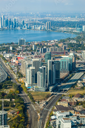 Garrison Triangle - aerial view of Toronto with Liberty Village Niagara Fort York visible and Humber Bay of Lake Ontario shoreline