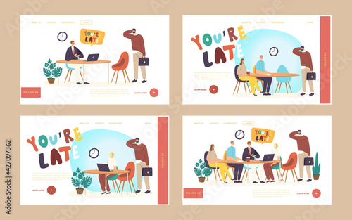 Employee Late at Work Landing Page Template Set. Company Director Scolding Unpunctual Manager Character for Being Late