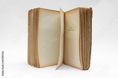 Antique open book isolated with flipping pages on white background