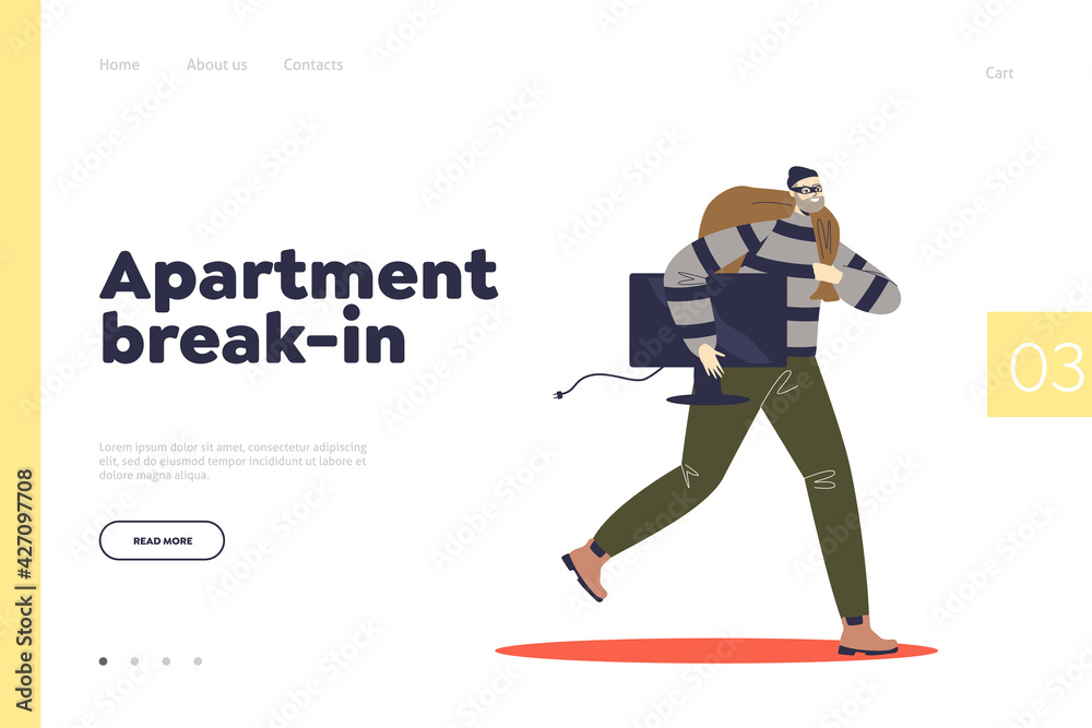 Apartment break-in concept of landing page with criminal running with stolen tv after housebreaking