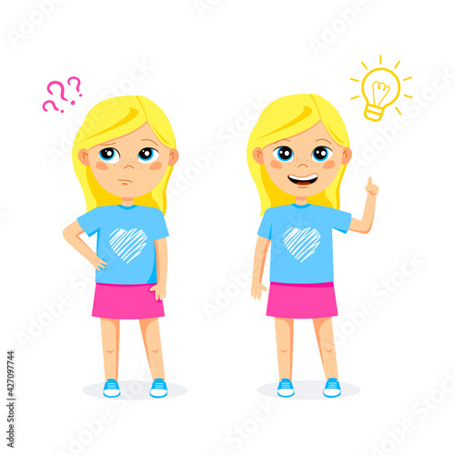 Cute blonde kid girl thinks an idea.