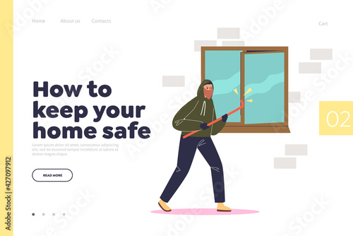 Keep home safe from burglary concept of landing page with burglar breaking in house through window