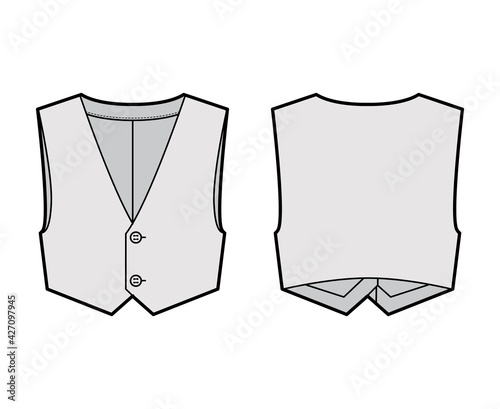 Short vest waistcoat technical fashion illustration with sleeveless, cropped length, V-neckline, button-up closure. Flat apparel template front, back, grey color style. Women, men, unisex CAD mockup