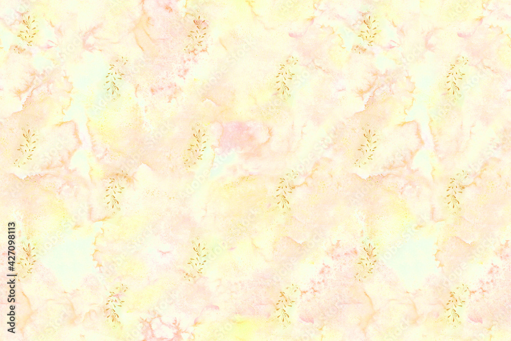 yellow, brown paper texture with hand-drawn watercolor pattern, floral ornament, branch with leaves, curls, empty seamless light background for designer, fabric, gift wrap, wallpaper yellow, brown paper texture with hand-drawn watercolor pattern, floral ornament, branch with leaves, curls, empty seamless light background for designer, fabric, gift wrap, wallpaper