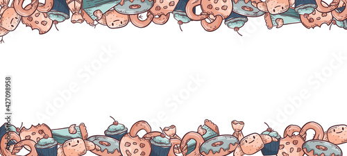 Vector cartoon doodle illustration. Horizontal frame for background decoration with sweets and pastries. Lined pictures of donut, croissant, cake, cupcake and candy. Borders for design.