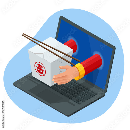 Isometric Online Delivery Food Stir-fried Noodles, Chow Mein, Chinese Cuisine. Asian Noodle Box Appear from Laptop.
