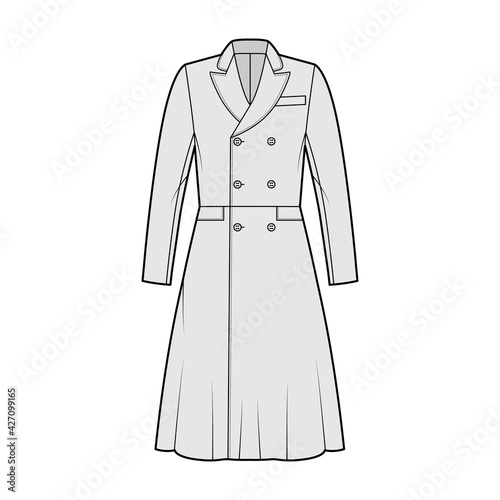 Frock coat technical fashion illustration with double breasted, fitted body, long sleeves, round collar peak, A-line skirt. Flat jacket template front, grey color style. Women, men, unisex CAD mockup