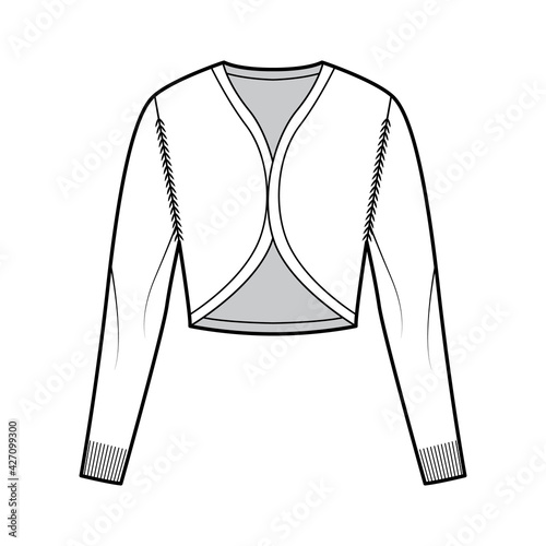 Shrug bolero cardigan technical fashion illustration with V- neck, long sleeves, slim fit, crop length, knit rib trim. Flat Sweater apparel front, white color style. Women, men unisex CAD mockup