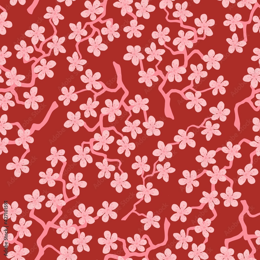 Seamless pattern with blossoming Japanese cherry sakura branches for fabric,packaging,wallpaper,textile decor,design, invitations,cards,print,gift wrap,manufacturing.Pink flowers on brown background
