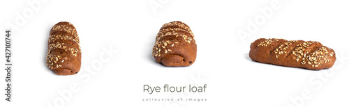 Rye flour loaf with cereals on a white background.