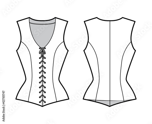 Bodice vest waistcoat technical fashion illustration with sleeveless, V-neck, lacing front closure, fitted body. Flat template back, white, grey color style. Women, men, unisex top CAD mockup
