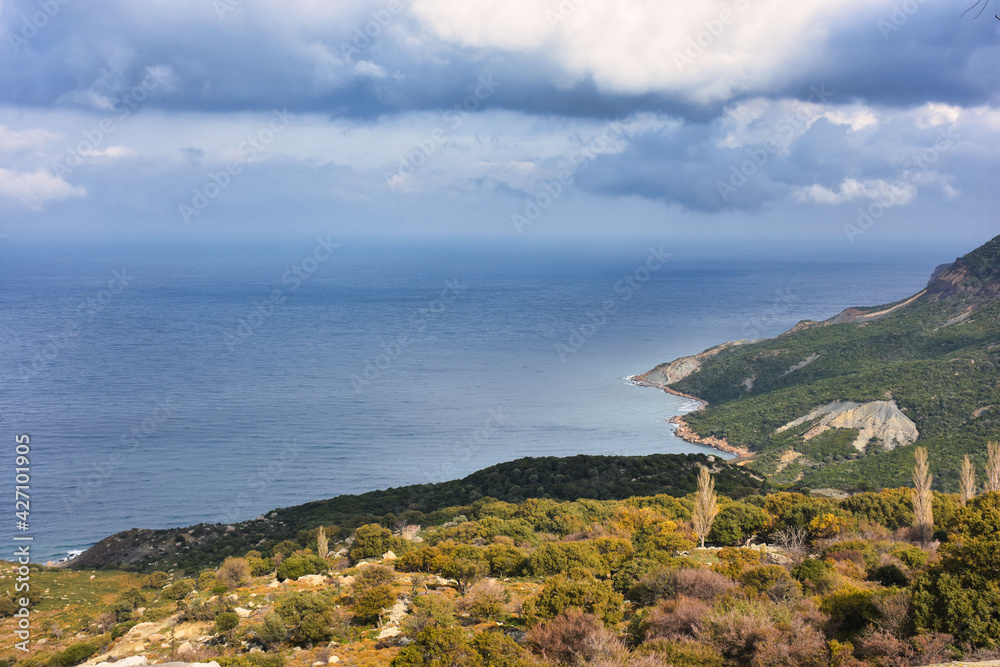 view of the sea and mountains in an aegean island