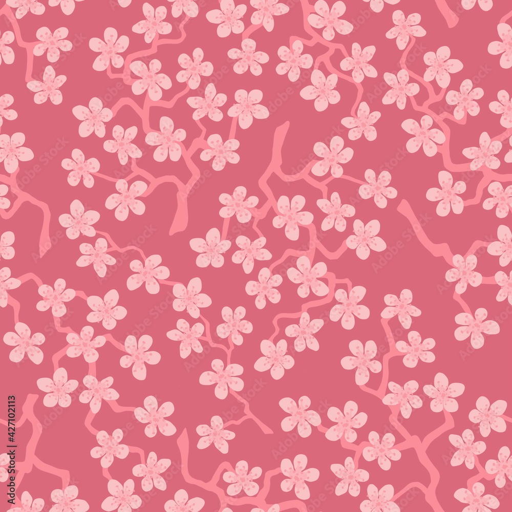 Seamless pattern with blossoming Japanese cherry sakura branches for fabric,packaging,wallpaper,textile decor,design, invitations,cards,print,gift wrap,manufacturing.Pink flowers on mauve background Seamless pattern with blossoming Japanese cherry sakura branches for fabric,packaging,wallpaper,textile decor,design, invitations,cards,print,gift wrap,manufacturing.Pink flowers on mauve background