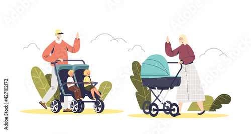 People walk with baby strollers in park. Father and mother pushing carriages with little kids