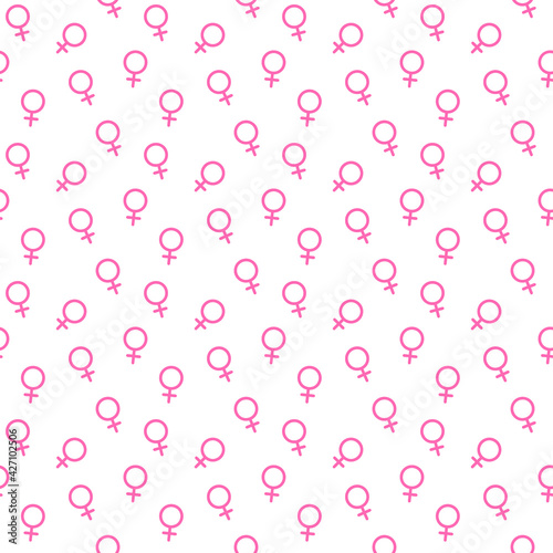 Female gender seamless pattern. Women sex symbols, Venus signs. Print for gender reveal party, baby girl shower. Vector flat illustration. 